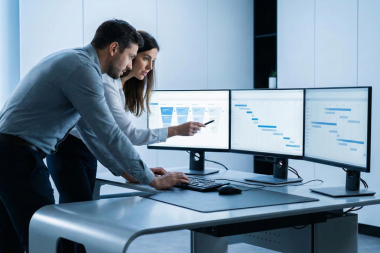 Recruitment professionals analyzing hiring timelines and workforce planning data across multiple screens during a strategic staffing review in a U.S. office.